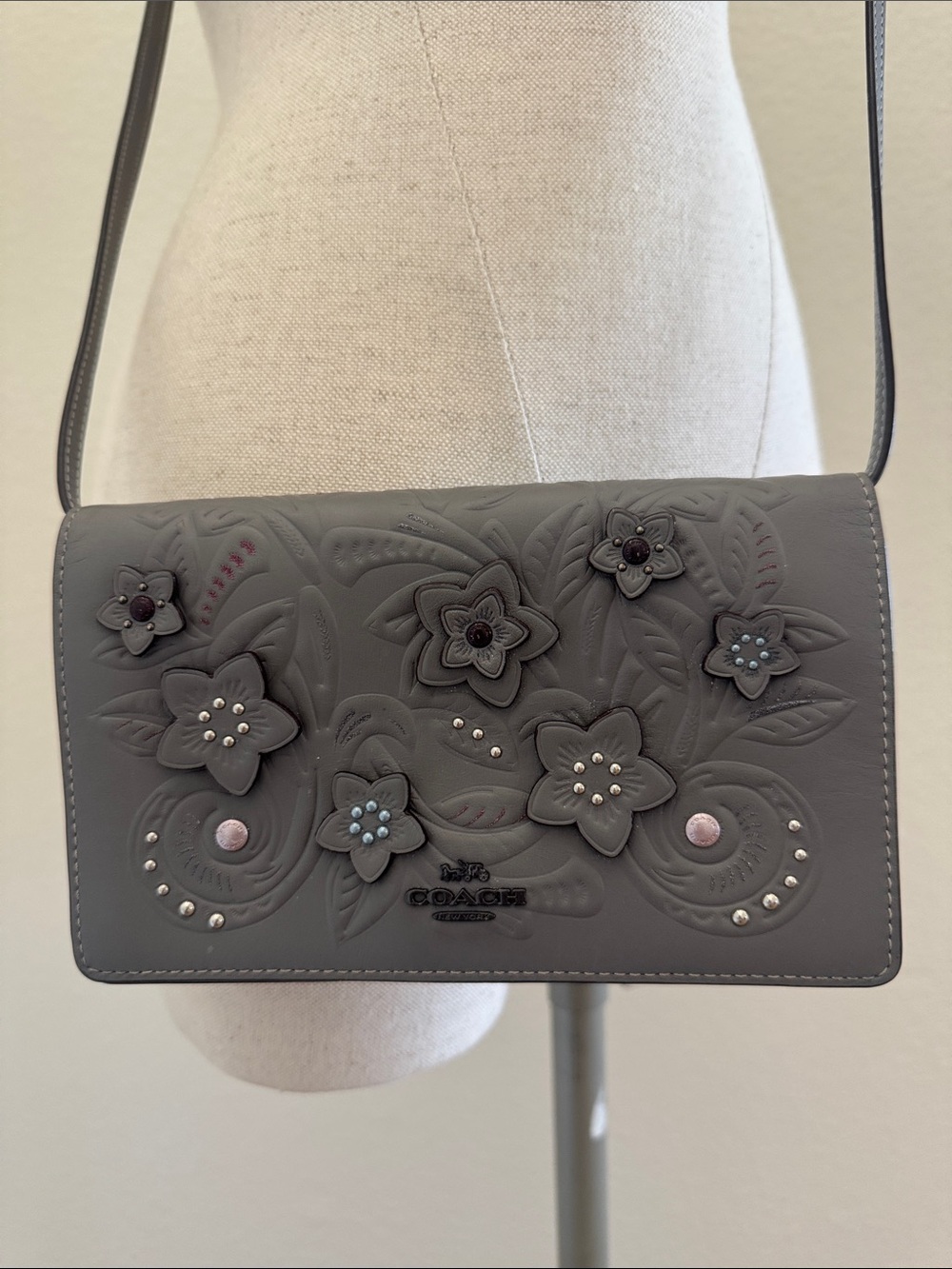 COACH Gray Floral Appliqué Leather Crossbody